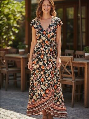 Band of Gypsies Black Floral Wrap Maxi Dress with Red and Cream Blooms